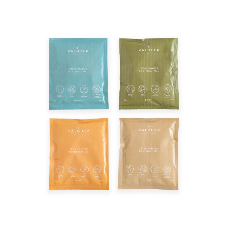 Pack 4 sobres surtidos de 25 gr valquer shake - pack geles de baño sostenibles-VAL-12116-valquer