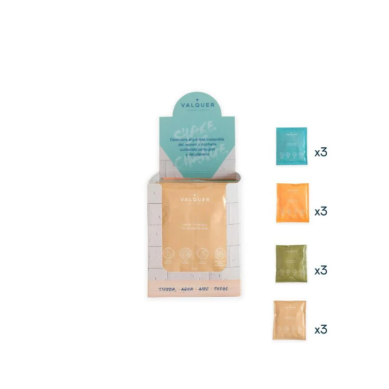 Expositor con 12 sobres surtidos de 25 gr valquer shake - pack geles de baño sostenibles-VAL-12126-valquer