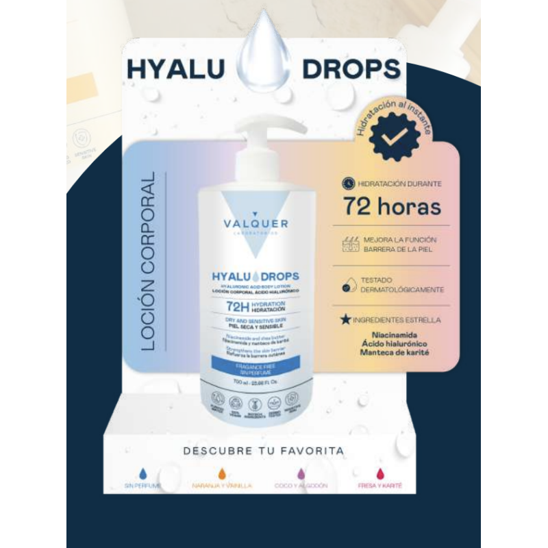 EXPOSITOR + SURTIDO VALQUER HYALUDROPS LOCIÓN CORPORAL  72H HIDRATACIÓN 700 ML-VAL-PC25058-valquer