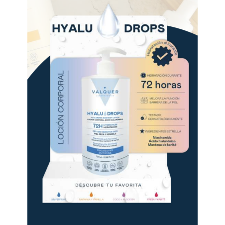 EXPOSITOR + SURTIDO VALQUER HYALUDROPS LOCIÓN CORPORAL  72H HIDRATACIÓN 700 ML-VAL-PC25058-valquer