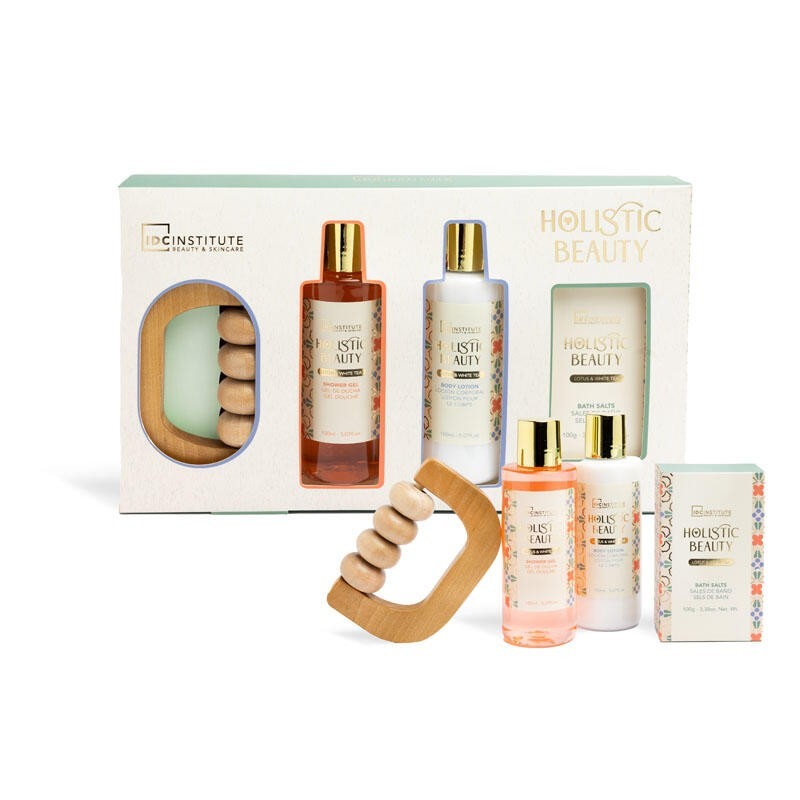 Pack regalo 4 piezas en caja: gel de ducha-loción corporal-sales de ducha y masageador de madera -IDC-42221-IDC Institute