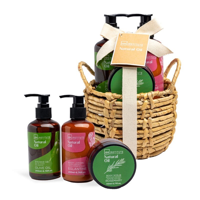 Pack regalo 3 piezas en cesta: gel de ducha-loción corporal y exfoliante corporal natural oil idc-IDC-42229-IDC Institute