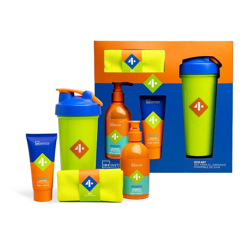 Pack regalo 4 piezas hombre en caja: gel de ducha-limpiador facial-1 botella y 1 toalla men 4 gym-IDC-42302-IDC Institute