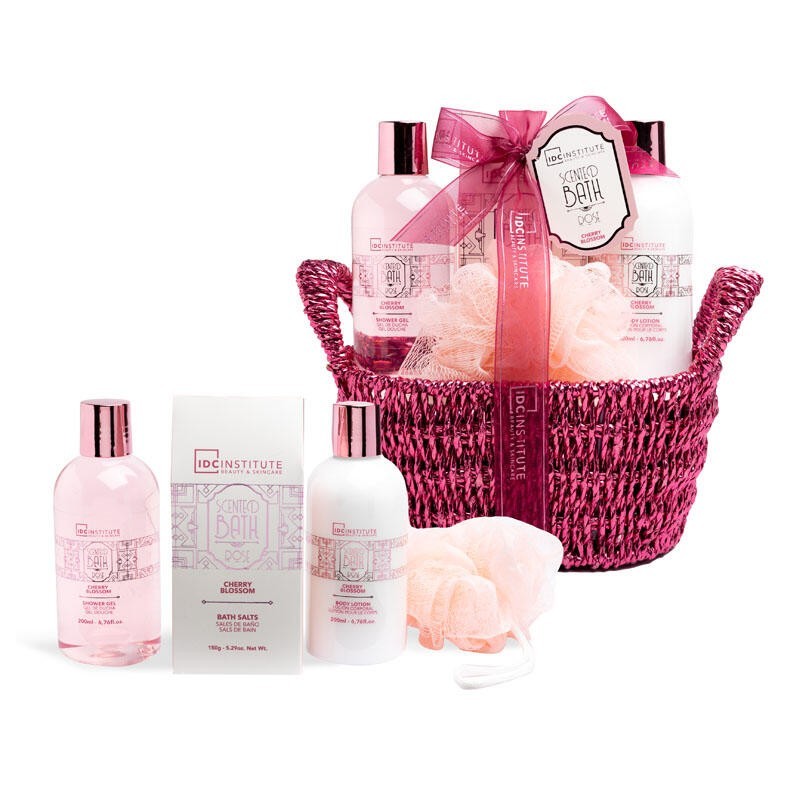 Pack regalo en cesta:gel de ducha-loción corporal-sales de baño y esponja bath rose idc institute-IDC-42287-IDC Institute