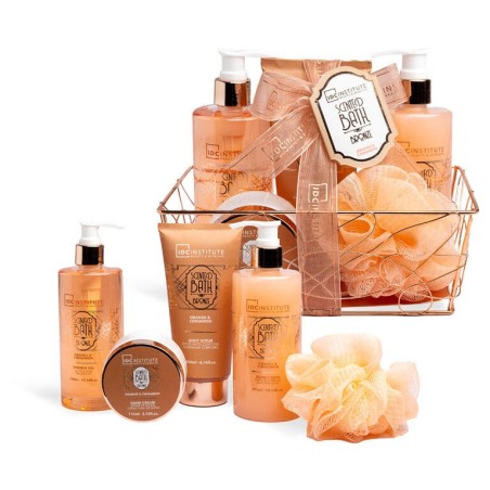 Pack regalo 5 piezas en cesta metálica:gel de ducha-baño de burbujas-exfoliante corporal-crema de-IDC-42273-IDC Institute