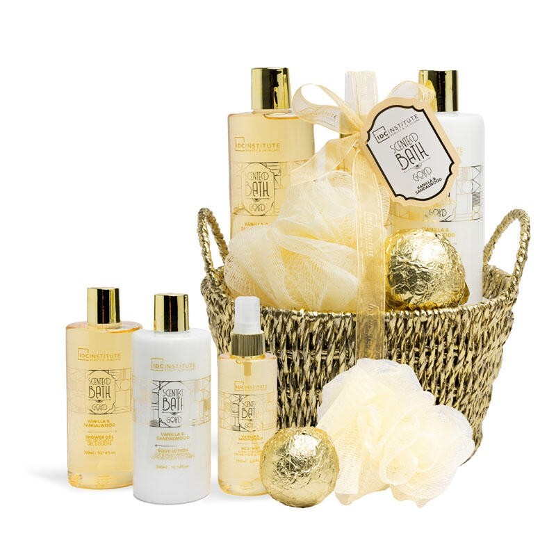 Pack regalo en cesta: gel de ducha-loción corporal-bruma corporal-bomba de baño-esponja bath gold-IDC-42262-IDC Institute
