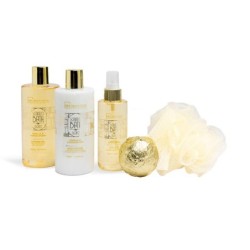 Pack regalo en cesta: gel de ducha-loción corporal-bruma corporal-bomba de baño-esponja bath gold-IDC-42262-IDC Institute