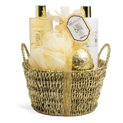 Pack regalo en cesta: gel de ducha-loción corporal-bruma corporal-bomba de baño-esponja bath gold-IDC-42262-IDC Institute