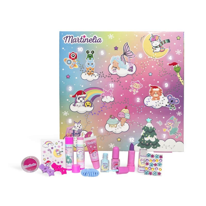 Calendario de adviento infantil 12 días: 2 bálsamo labiales-coletero-stickers-pintalabios-2 ganch-MA-90277-Martinelia