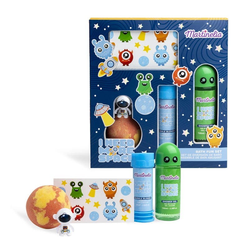 Set de baño infantil: gel de ducha-bomba de baño-1 hoja con 10 tatuajes que brillan en la oscurid-MA-85409-Martinelia