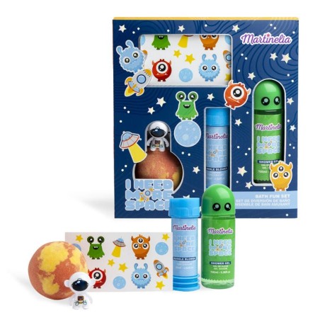 Set de baño infantil: gel de ducha-bomba de baño-1 hoja con 10 tatuajes que brillan en la oscurid-MA-85409-Martinelia