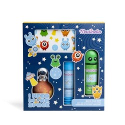Set de baño infantil: gel de ducha-bomba de baño-1 hoja con 10 tatuajes que brillan en la oscurid-MA-85409-Martinelia