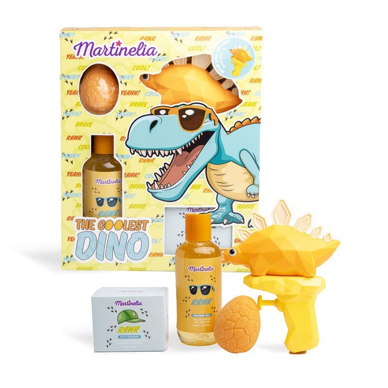 Set de baño infantil: bomba de baño-pistola de agua-gel de ducha-crackers the coolest dino-CMA-85403-Martinelia