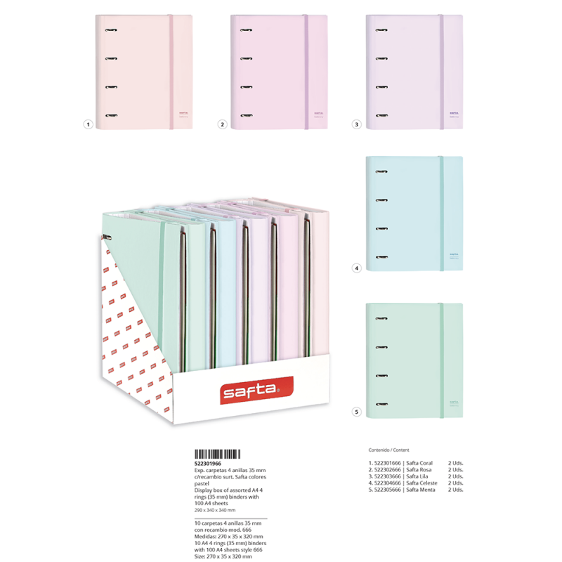 Expositor sobremesa carpetas 4 anillas 35 mm con recambio colores pastel surtidos-SF-522301966-safta